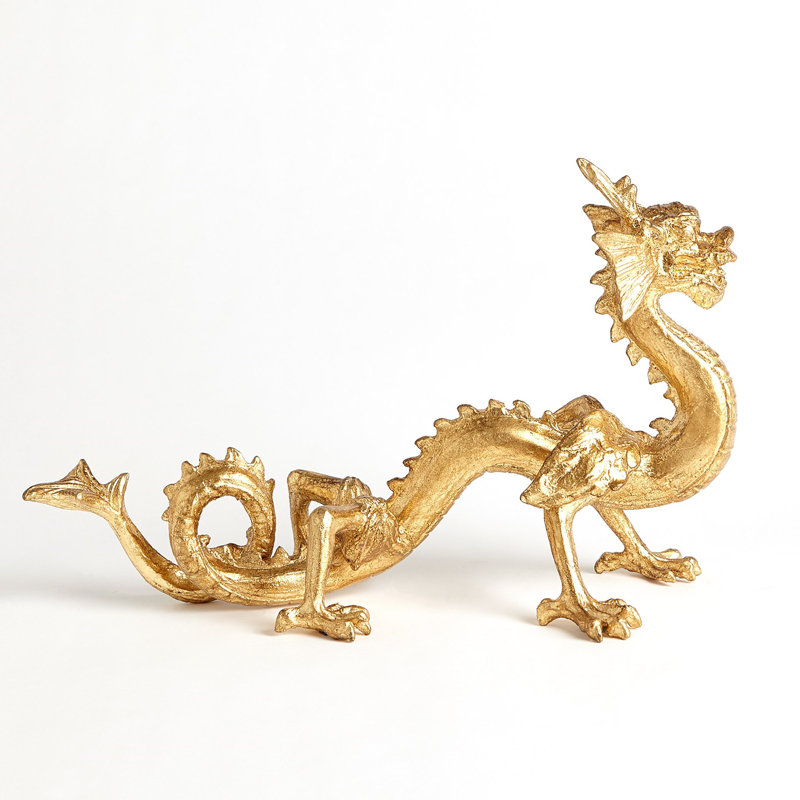 Golden Cast Iron Dragon Sculpture with Leaf Finish