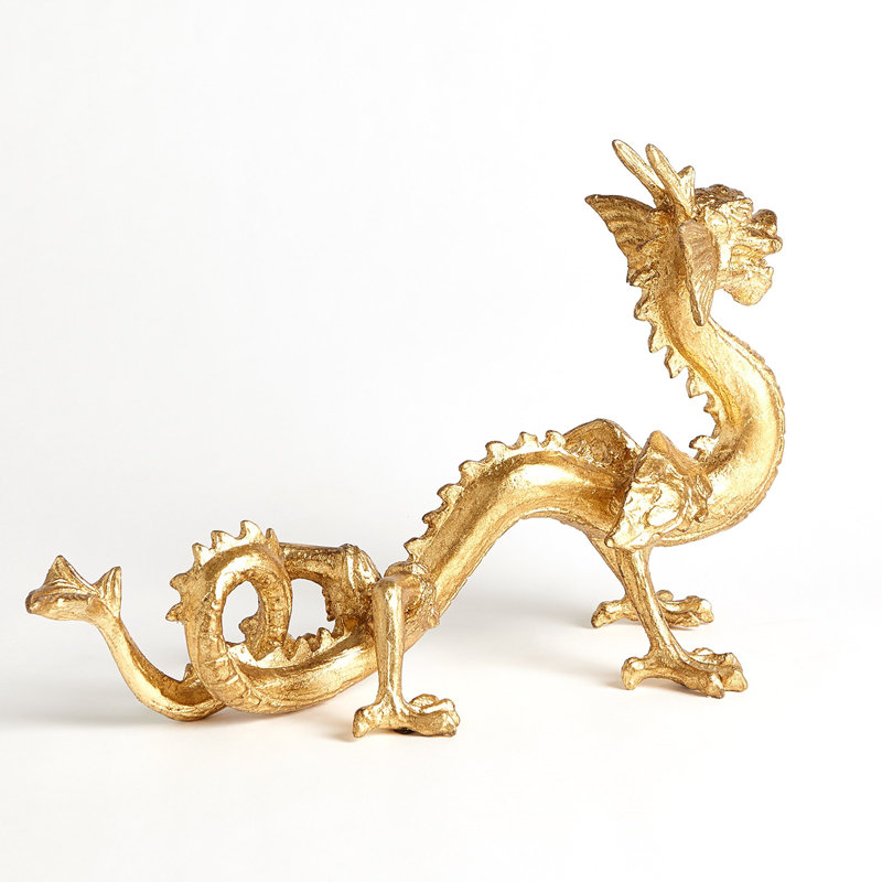 Golden Cast Iron Dragon Sculpture with Leaf Finish