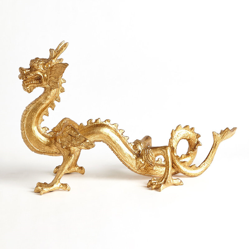 Golden Cast Iron Dragon Sculpture with Leaf Finish