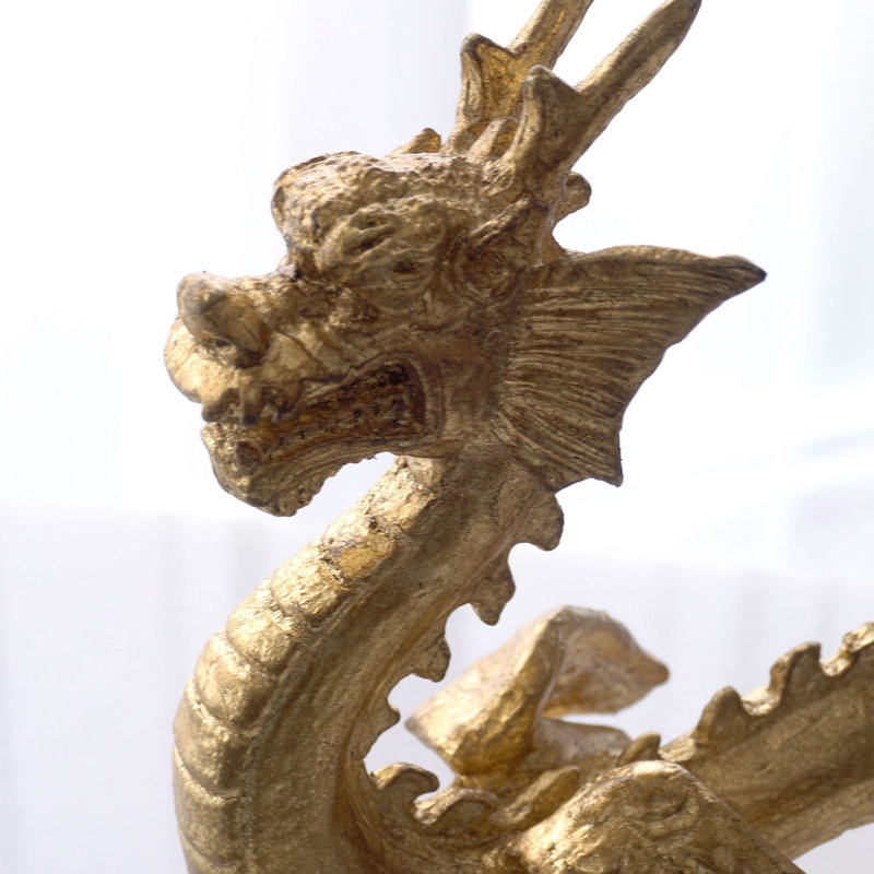 Golden Cast Iron Dragon Sculpture with Leaf Finish