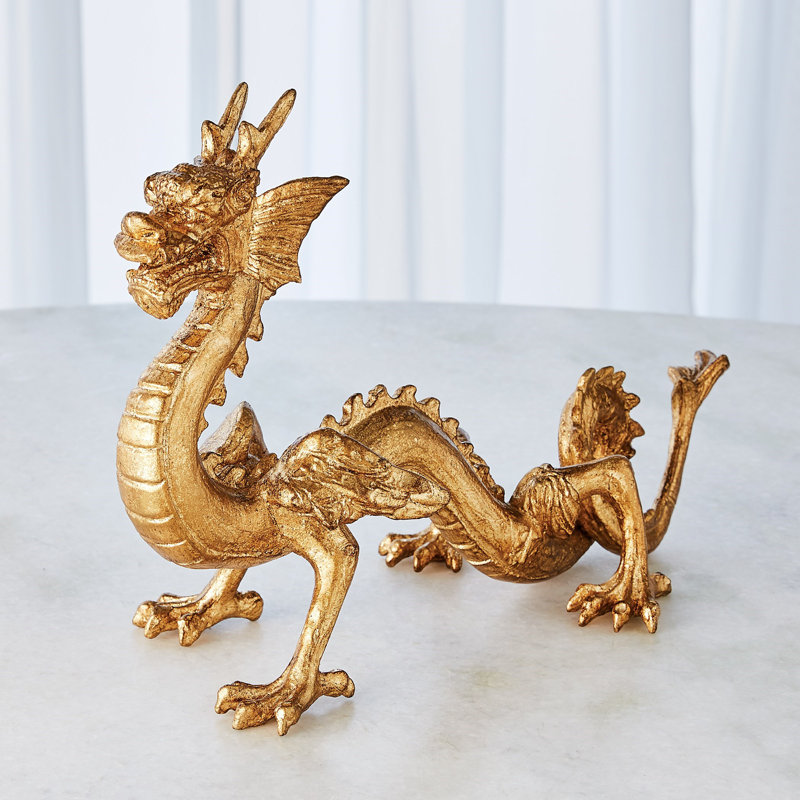 Golden Cast Iron Dragon Sculpture with Leaf Finish