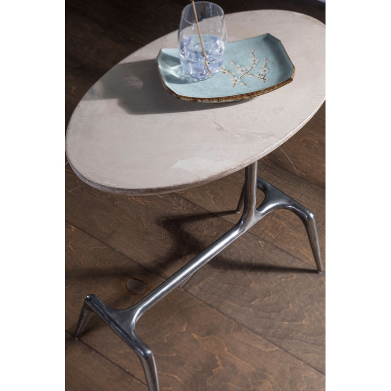 Wilder 22" Beige and Silver Metal Oval Table