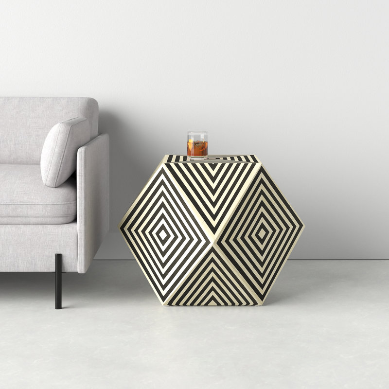 Black and White Bone Inlay Geometric End Table