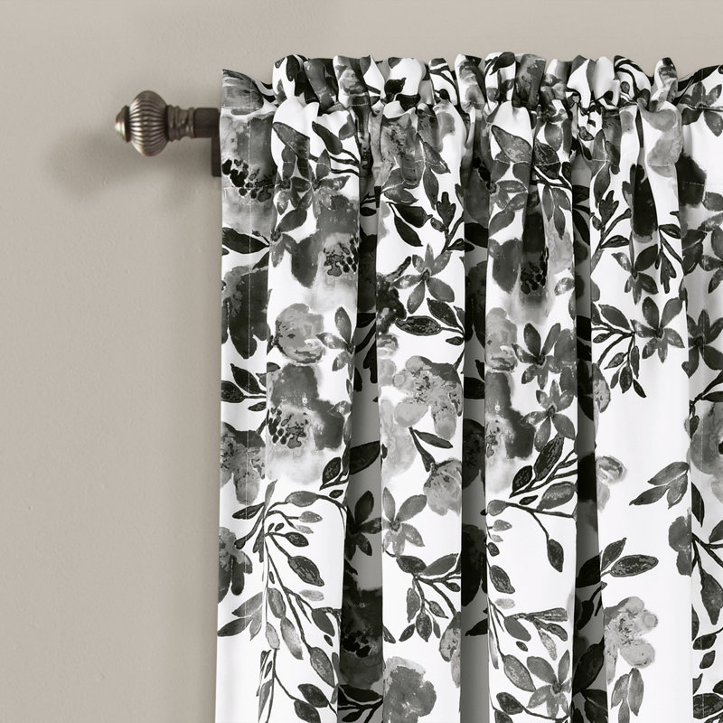 Black and White Floral Polyester Blackout Curtain Panels