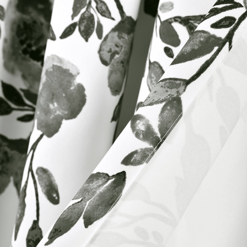 Black and White Floral Polyester Blackout Curtain Panels