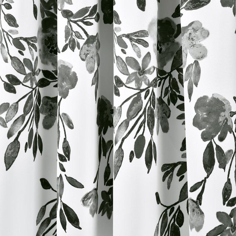 Black and White Floral Polyester Blackout Curtain Panels
