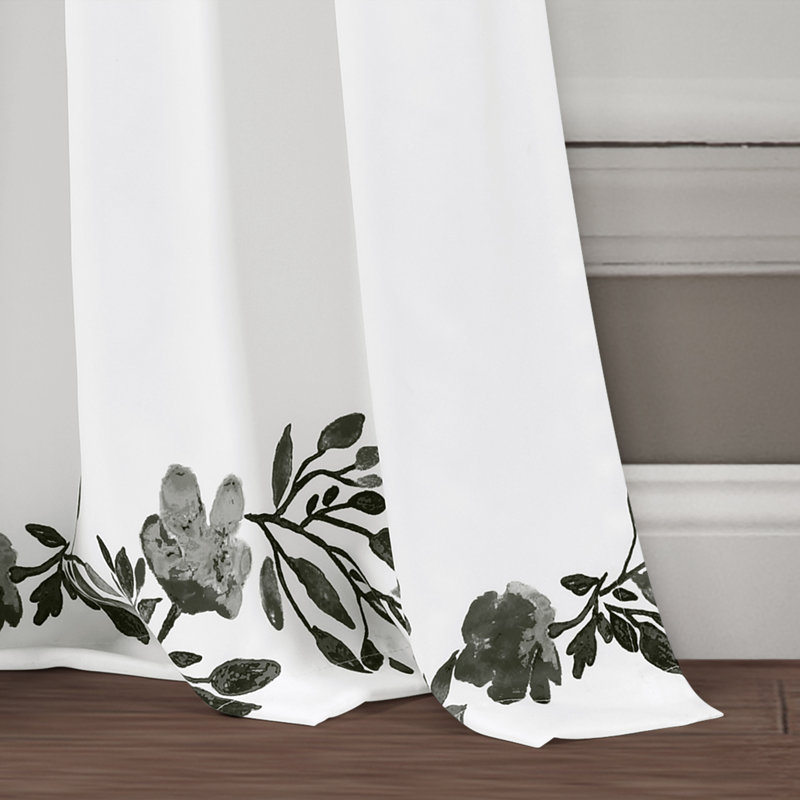 Black and White Floral Polyester Blackout Curtain Panels