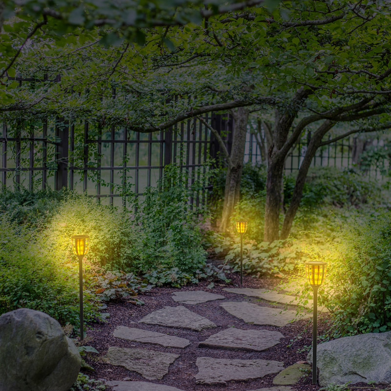 Black Solar LED Pathway Torch Light Pack with Flickering Flame