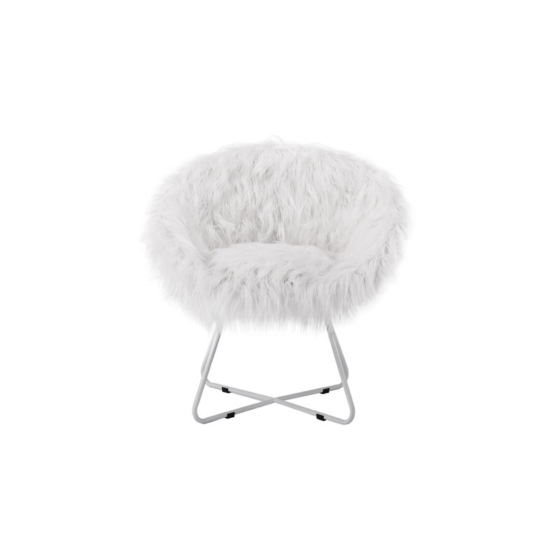 White Faux Fur Papasan Chair with Silver Metal Legs