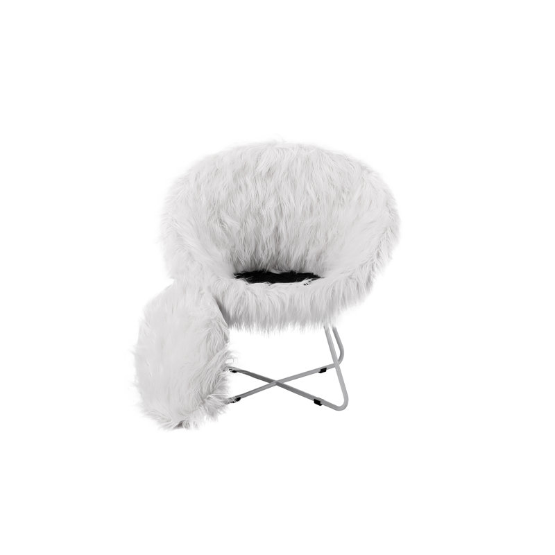 White Faux Fur Papasan Chair with Silver Metal Legs