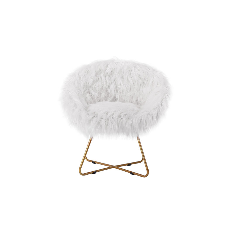 White Faux Fur Papasan Chair with Pale Gold Legs