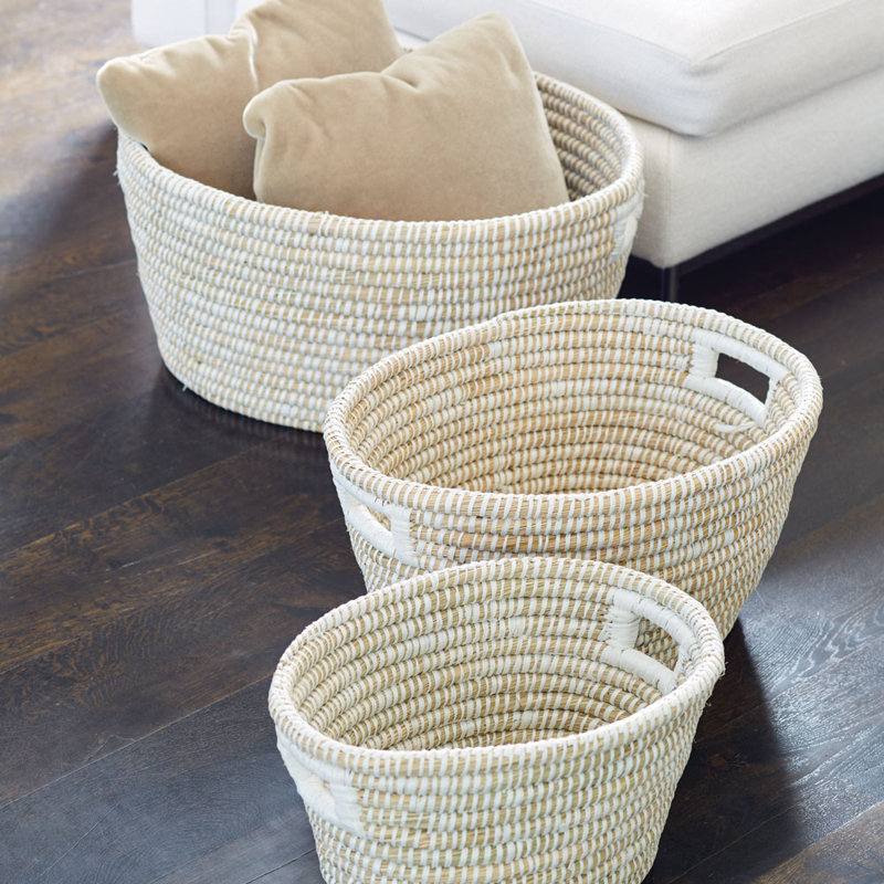Handwoven Oval Seagrass Storage Baskets with Handles, Set of 3