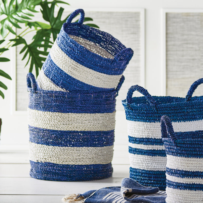 Blue and White Striped Seagrass Storage Baskets, Set of 2