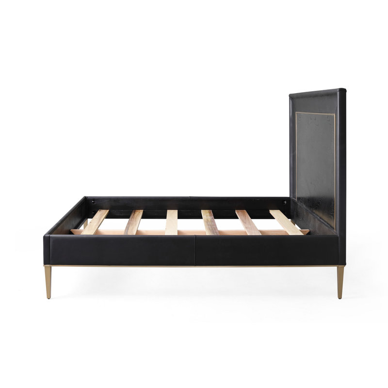 Ellipse Queen Bed with Black Leather Upholstery and Oak Accents