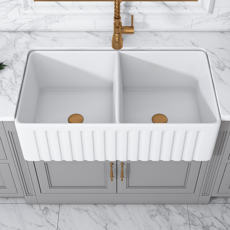 Cremona 33'' White Fireclay Double Bowl Farmhouse Sink