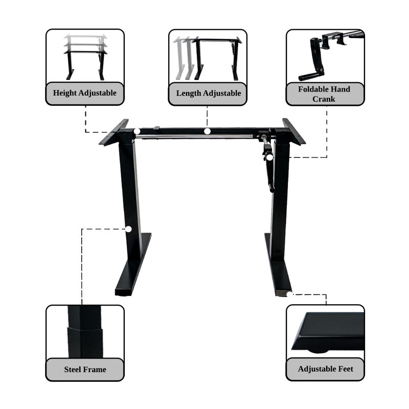 Black Adjustable Height Crank Desk with Metal Frame