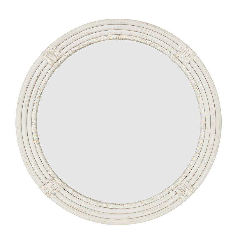 White Round Wood Wall Mirror with Distressed Finish