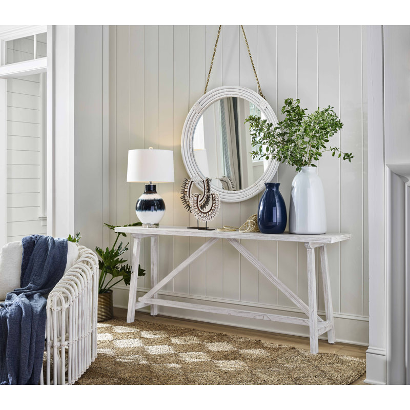 White Round Wood Wall Mirror with Distressed Finish
