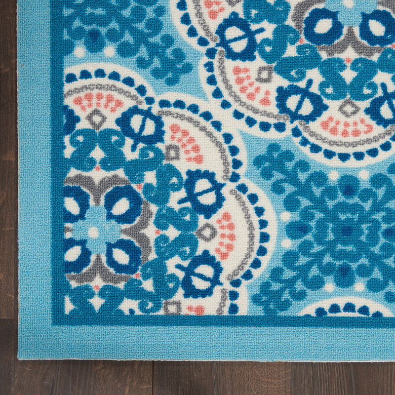 Boho Blue Floral Indoor/Outdoor Rectangular Area Rug, 5'3" x 7'5"