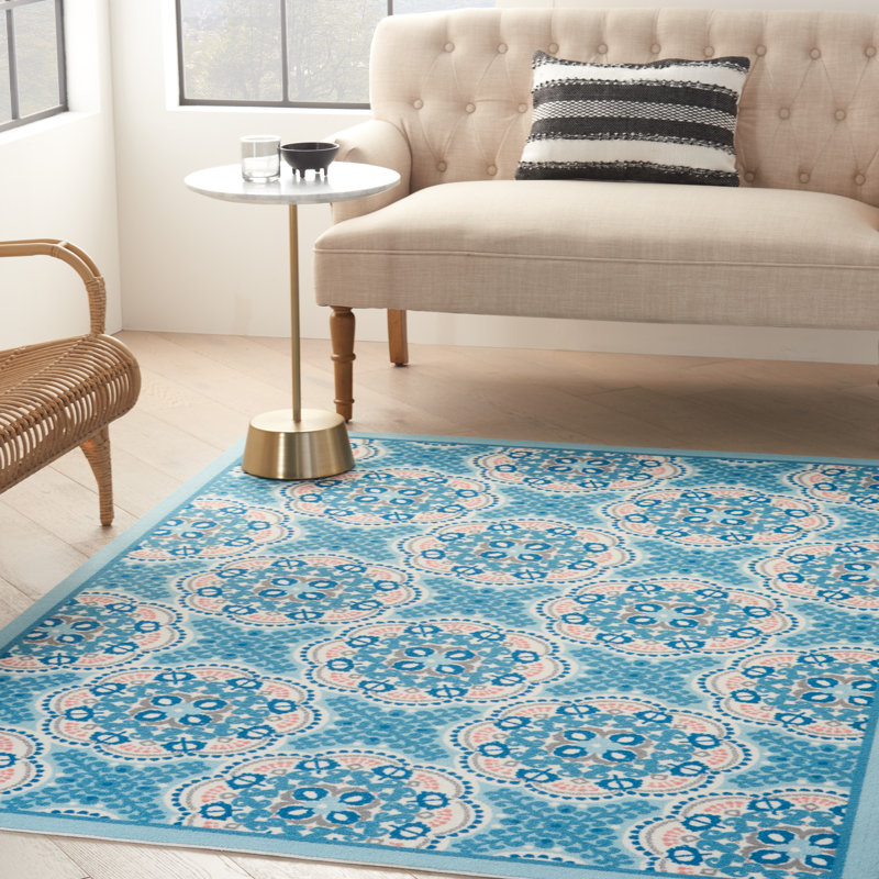Boho Blue Floral Indoor/Outdoor Rectangular Area Rug, 5'3" x 7'5"