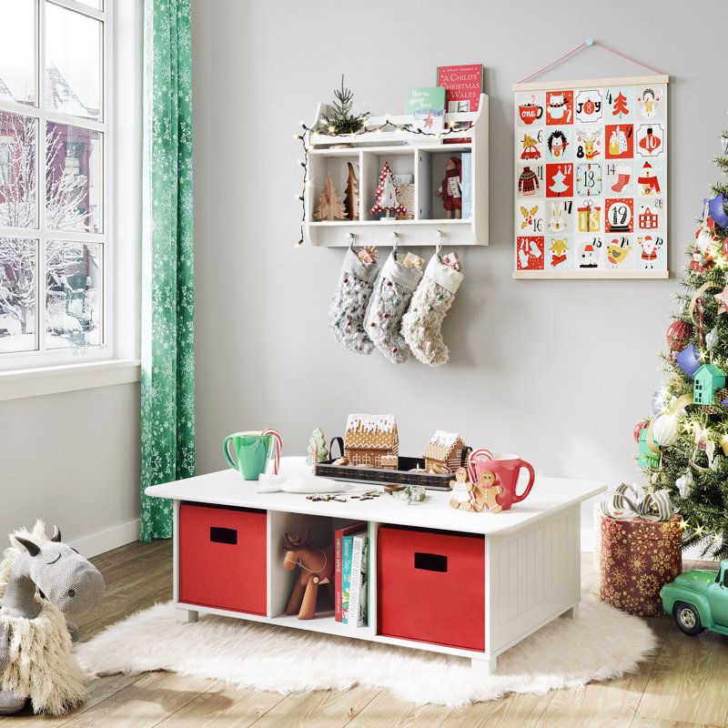 Playtime White Wall-Mounted Shelf with Bookrack and Cubbies for Kids