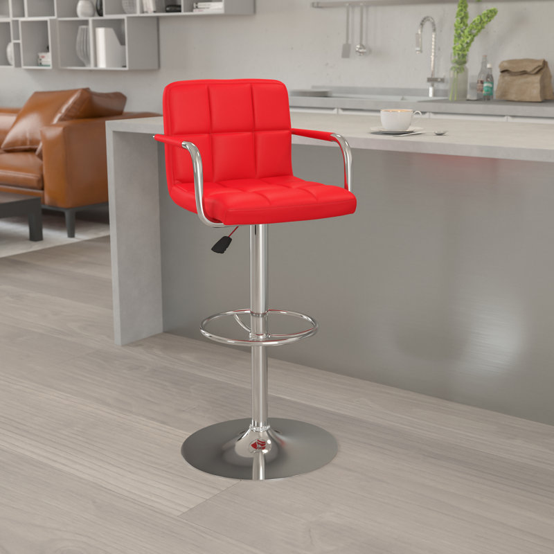 Red Adjustable Height Swivel Leather Bar Stool with Metal Base