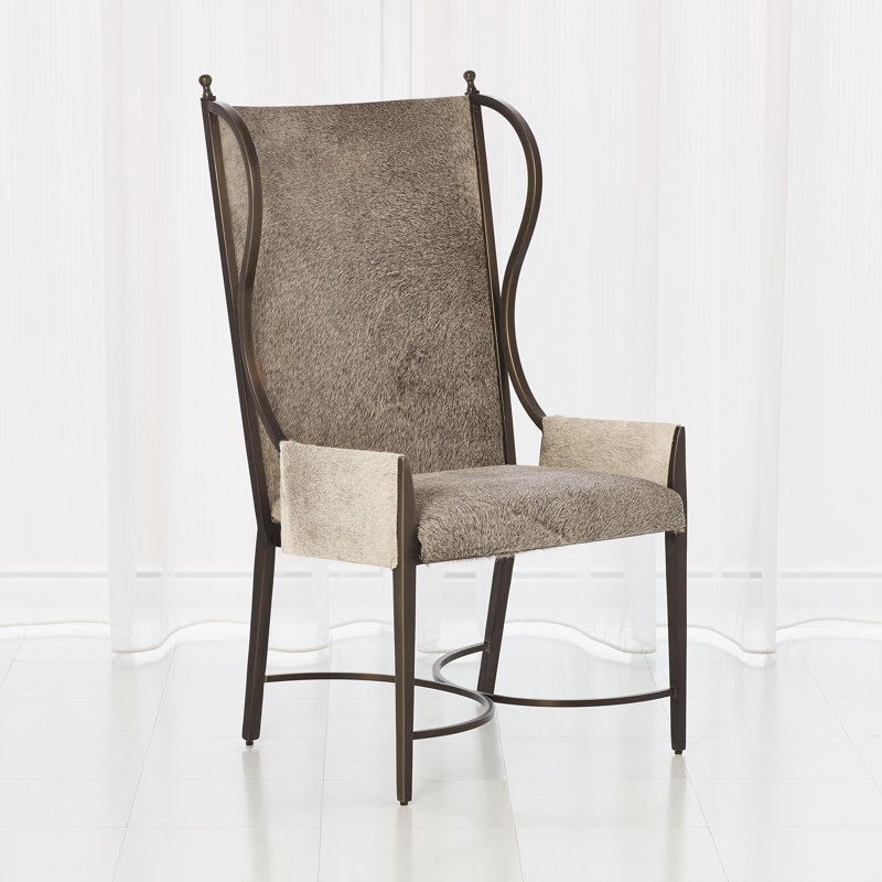 Gray Genuine Leather Wingback Chair with Metal Frame