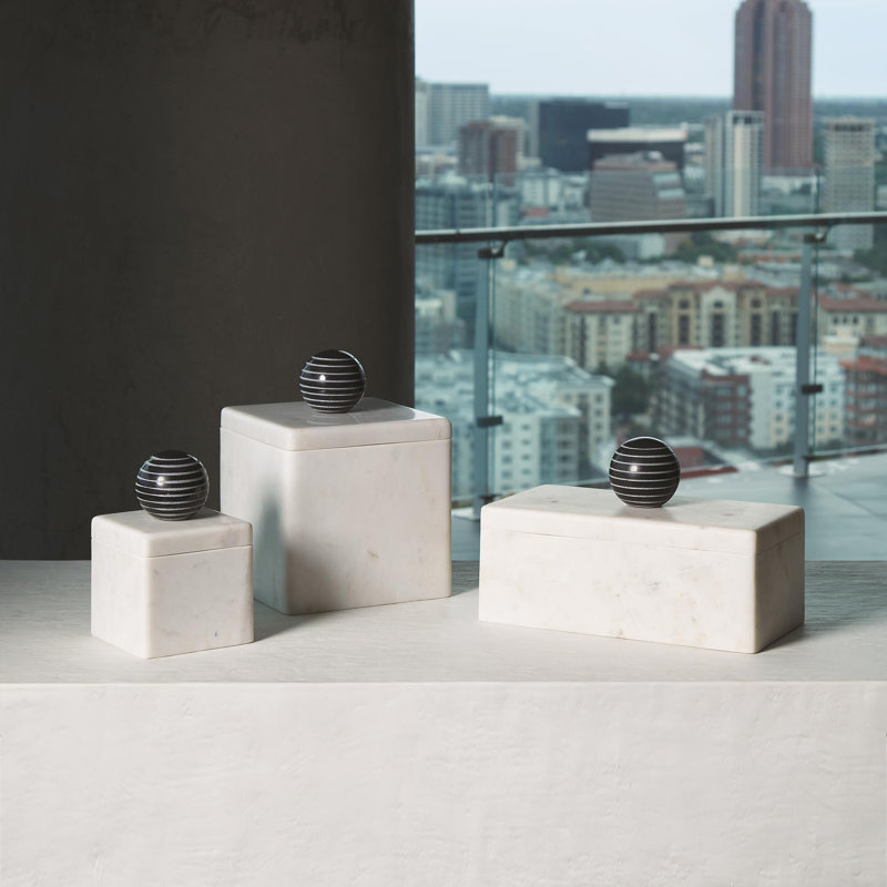 Small White Marble Decorative Box with Black Marble Handle