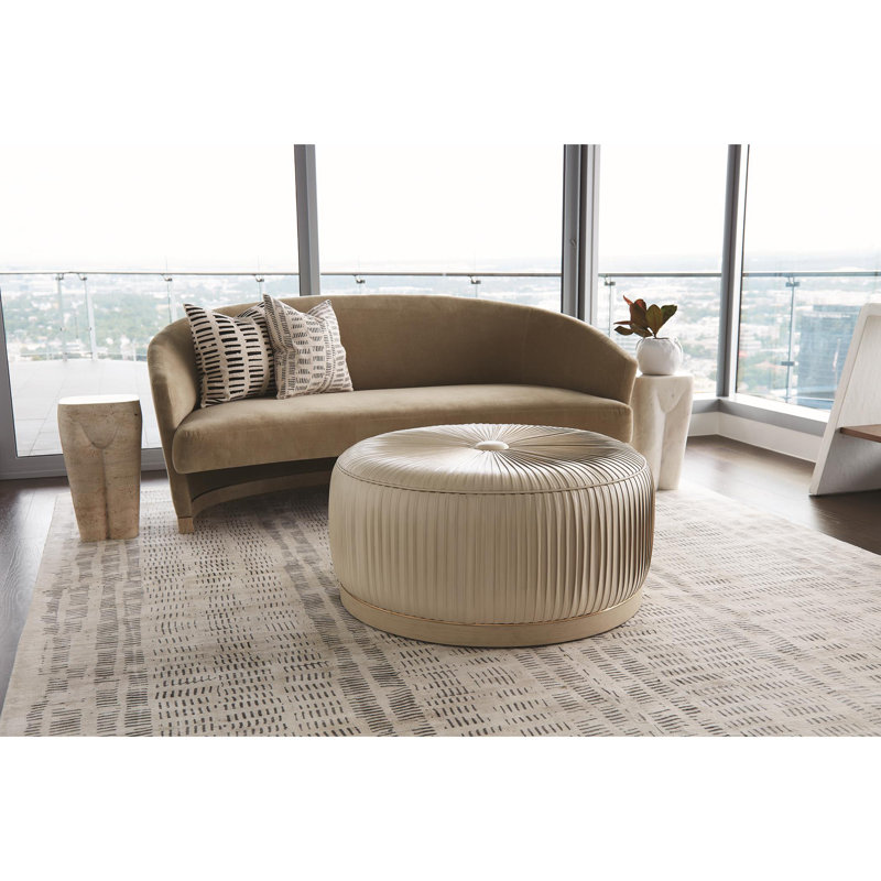 Ivory Top Grain Leather Round Ottoman with White Oak Base