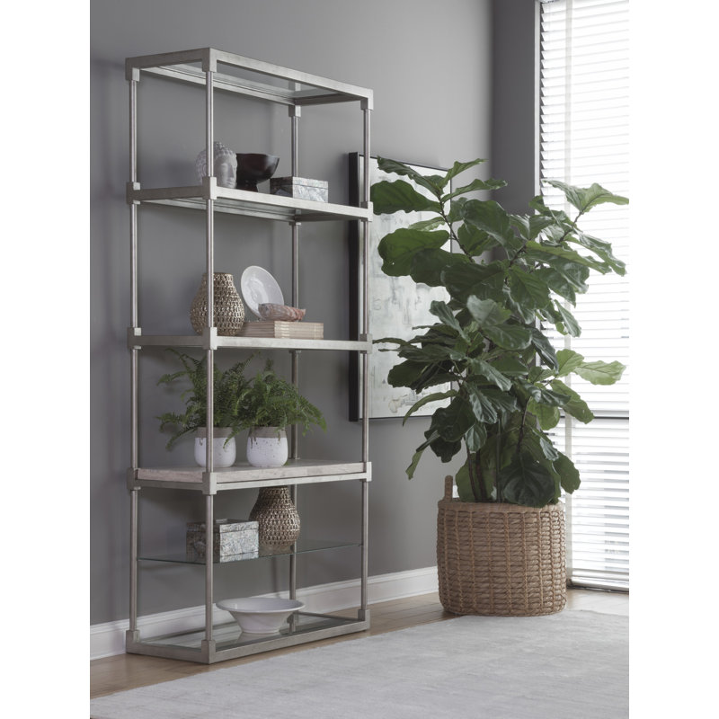 Antiqued Silver Leaf Iron and Sand Travertine Etagere with Glass Shelves
