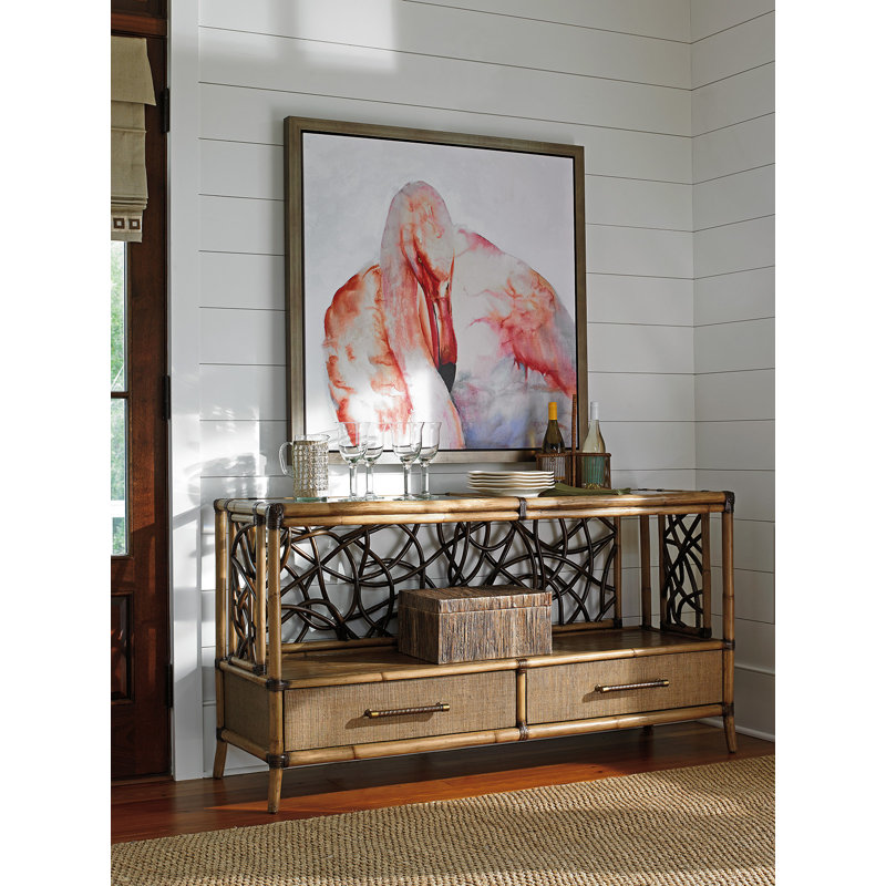 Transitional Brown Wood & Glass Serving Console with Storage