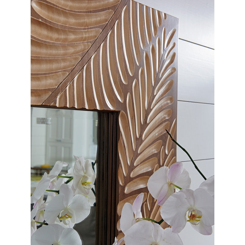 Brown Wood Square Mirror with Carved Palm Frond Motif
