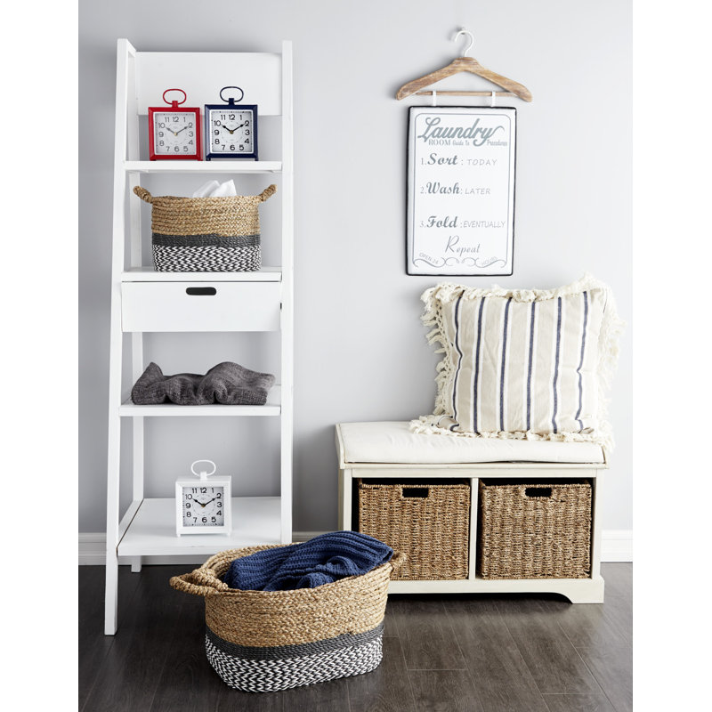 Elegant White Linen Cushioned Storage Bench with Wicker Baskets