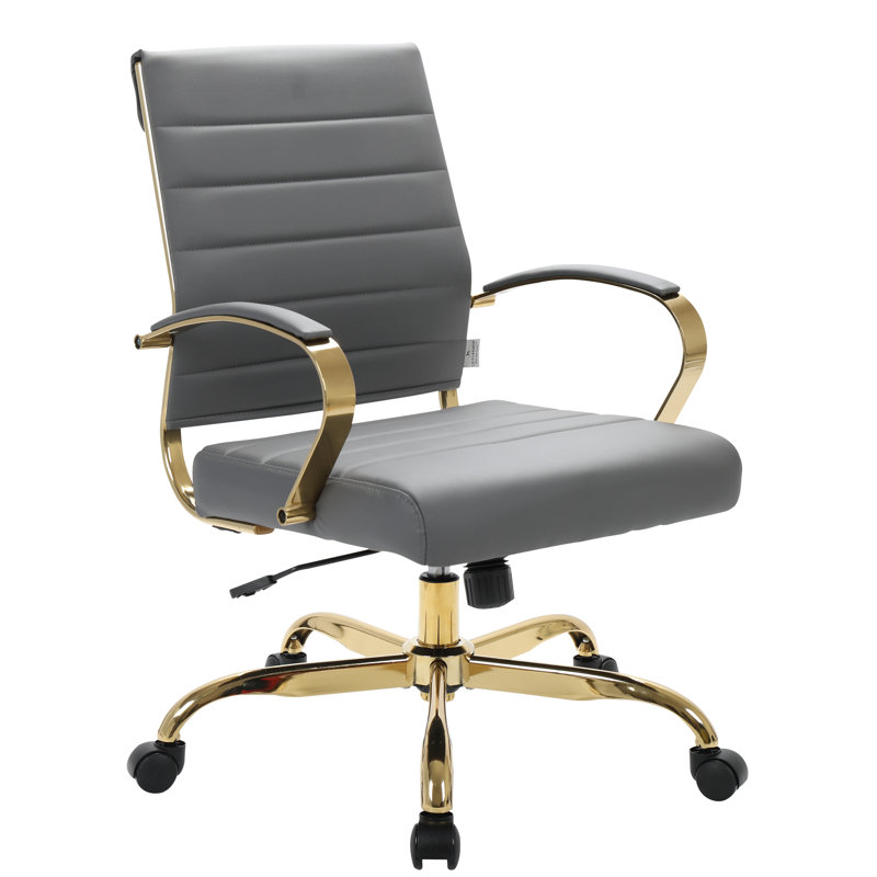 ErgoSwivel Mid-Century Gray Leather Office Chair with Gold Metal Frame