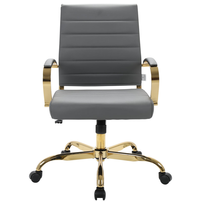 ErgoSwivel Mid-Century Gray Leather Office Chair with Gold Metal Frame