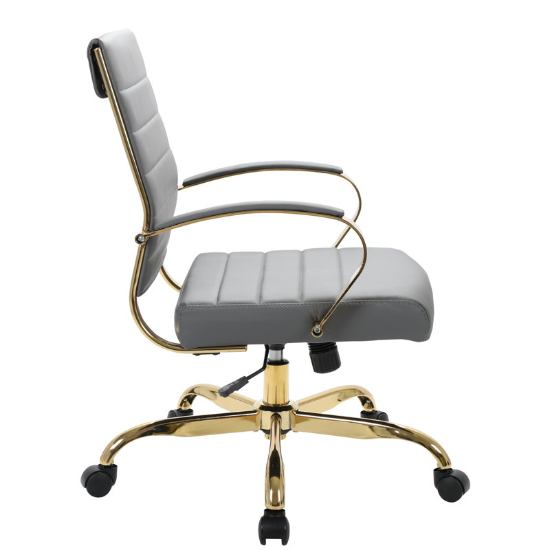 ErgoSwivel Mid-Century Gray Leather Office Chair with Gold Metal Frame