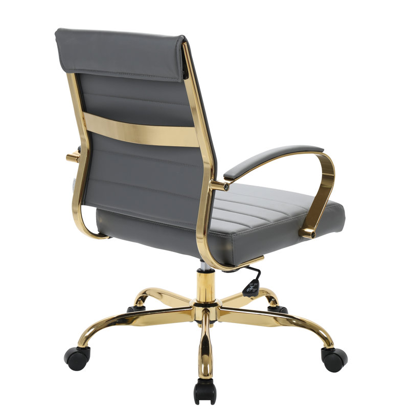 ErgoSwivel Mid-Century Gray Leather Office Chair with Gold Metal Frame