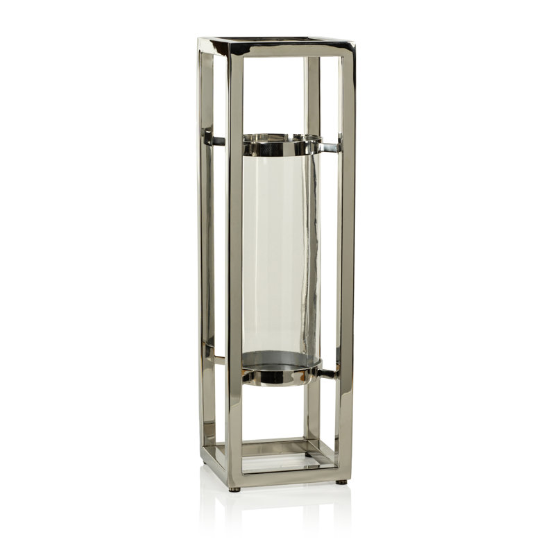 Large Silver Glass and Stainless Steel Hurricane Lantern