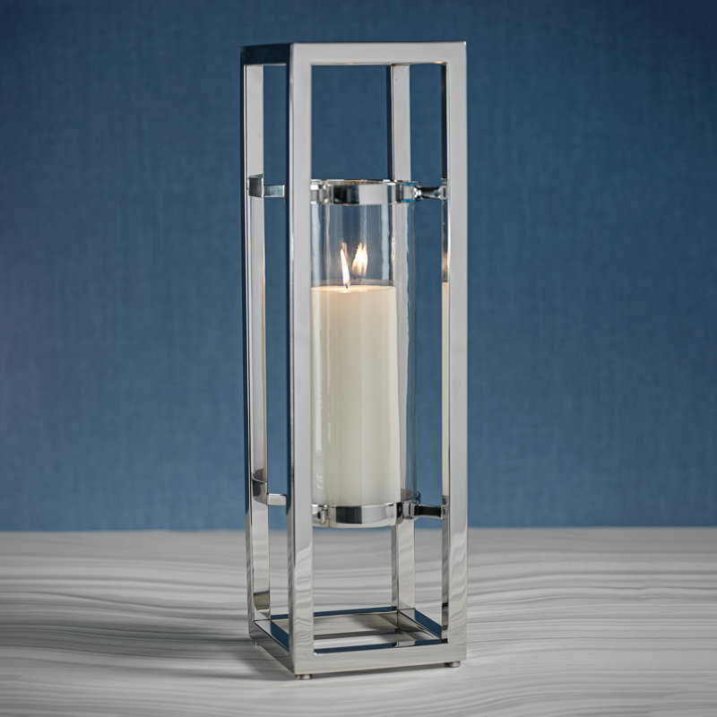 Large Silver Glass and Stainless Steel Hurricane Lantern