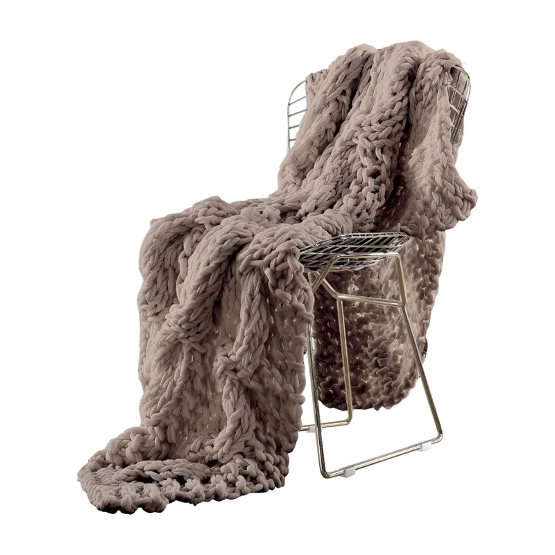 Beige Chunky Knit Reversible Throw Blanket