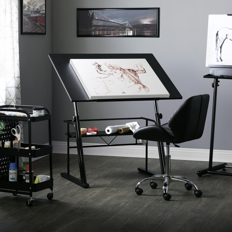 Contemporary Black Wood Adjustable Drafting Table with Storage