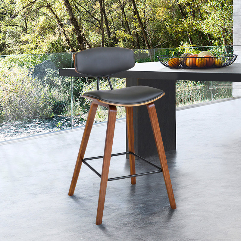 Fox Mid-Century Modern Gray Faux Leather & Brushed Black Wood Barstool