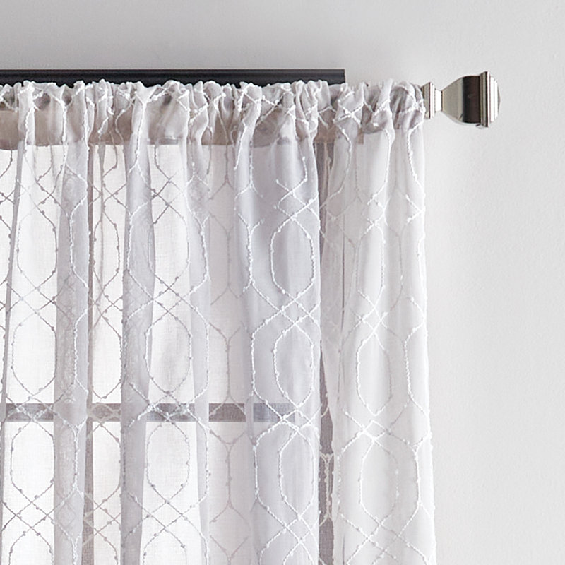 Silver Geometric Embroidered Sheer Rod Pocket Curtain Panels