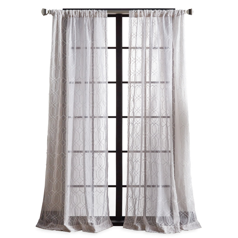 Silver Geometric Embroidered Sheer Rod Pocket Curtain Panels