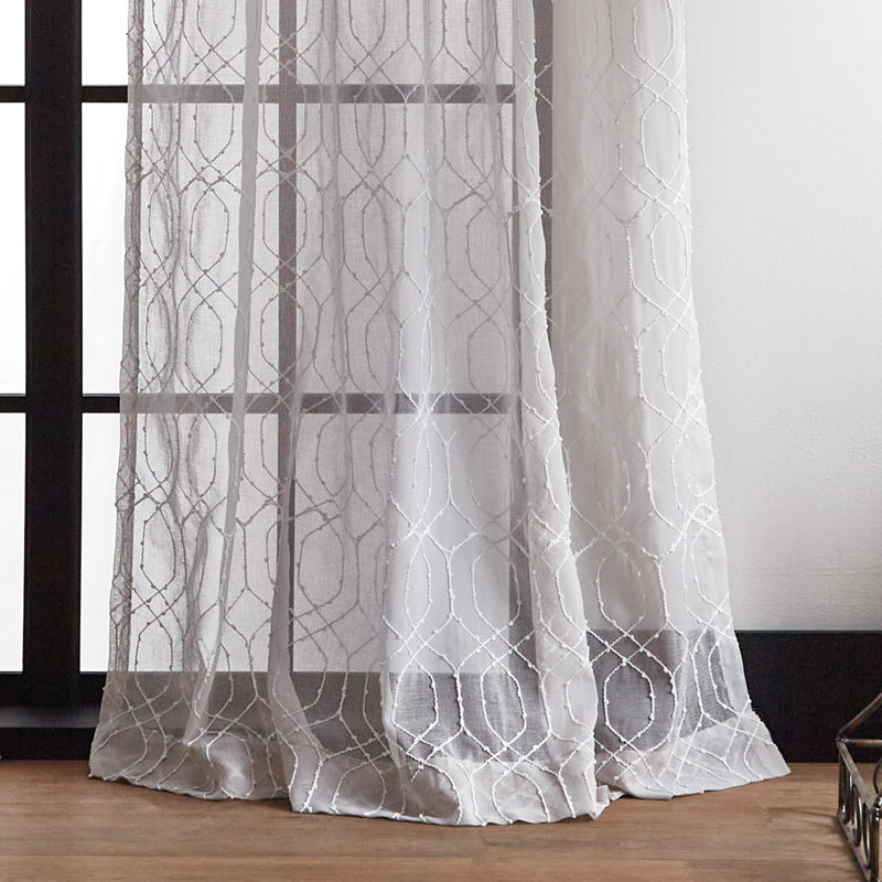Silver Geometric Embroidered Sheer Rod Pocket Curtain Panels