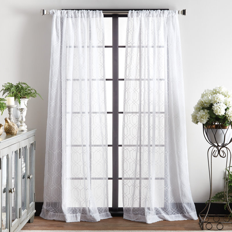 Silver Geometric Embroidered Sheer Rod Pocket Curtain Panels