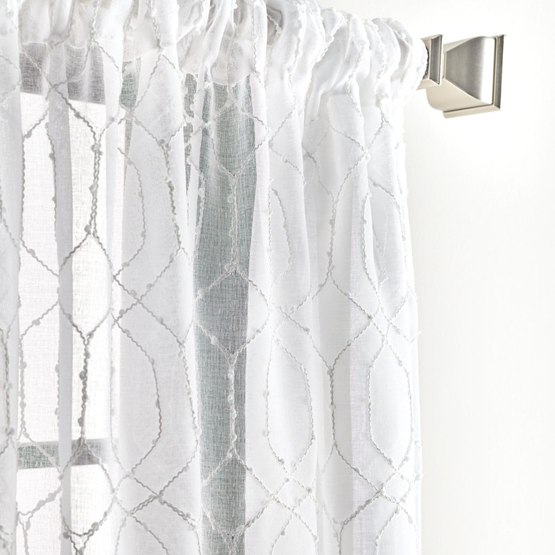 Silver Geometric Embroidered Sheer Rod Pocket Curtain Panels