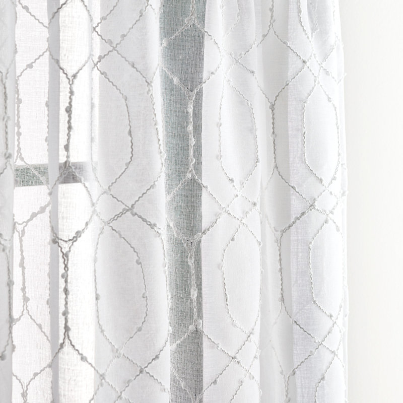 Silver Geometric Embroidered Sheer Rod Pocket Curtain Panels