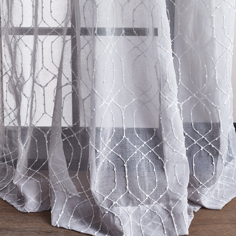 Silver Geometric Embroidered Sheer Rod Pocket Curtain Panels