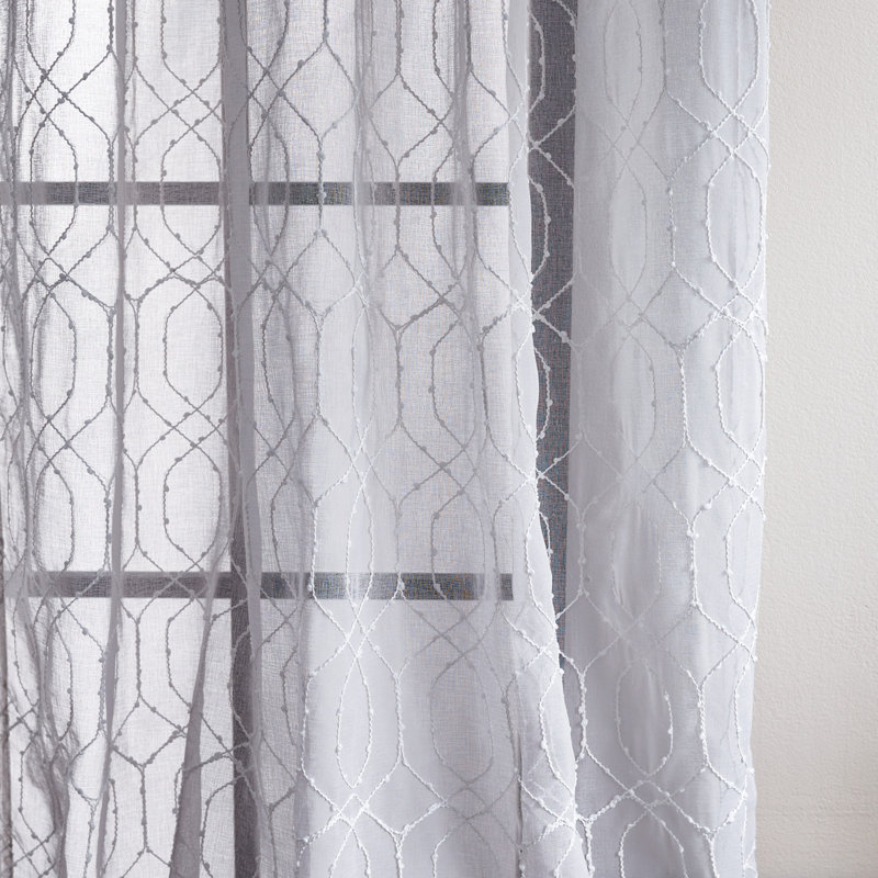 Silver Geometric Embroidered Sheer Rod Pocket Curtain Panels